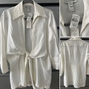 Neiman Marcus Off-White Tie-Front Linen Blouse